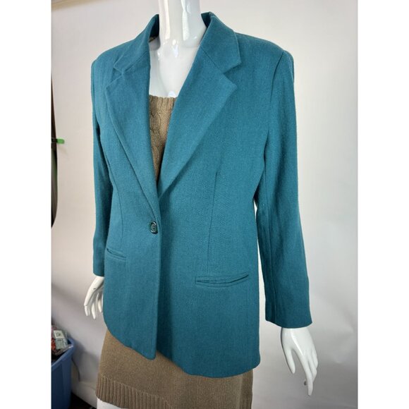 Joan Leslie Teal Wool Blend Blazer Womens Size 8P Made In El Salvador Single-But - Picture 2 of 16